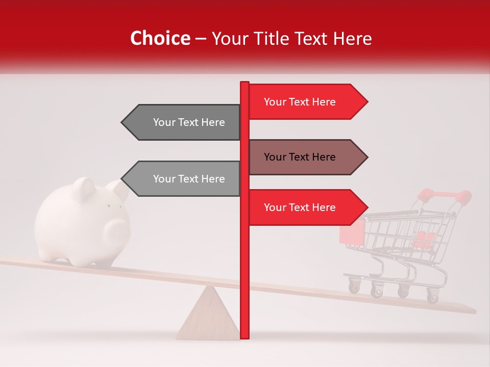 A Piggy Bank Sitting On Top Of A Wooden Seesaw With A Shopping Cart PowerPoint Template