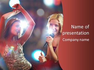 Two Beautiful Women Singing Into Microphones On Stage PowerPoint Template