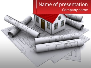 A House On Top Of Blueprints With A Red Banner PowerPoint Template