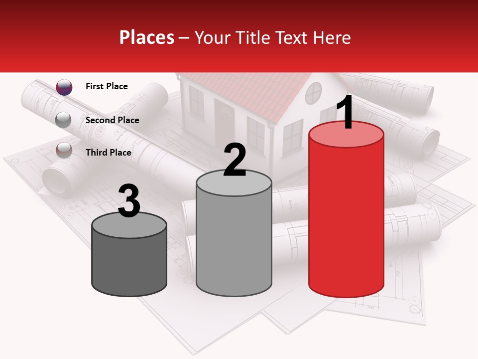 A House On Top Of Blueprints With A Red Banner PowerPoint Template