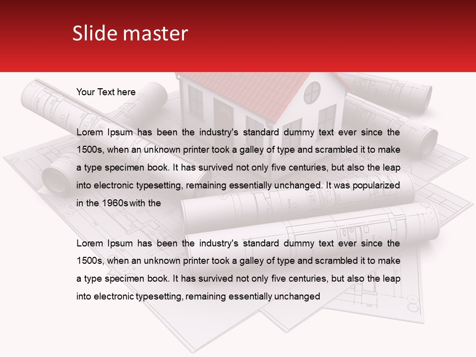 A House On Top Of Blueprints With A Red Banner PowerPoint Template