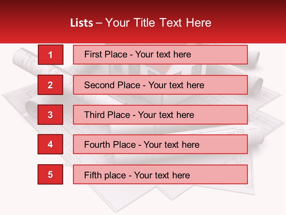 A House On Top Of Blueprints With A Red Banner PowerPoint Template