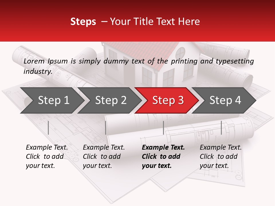 A House On Top Of Blueprints With A Red Banner PowerPoint Template
