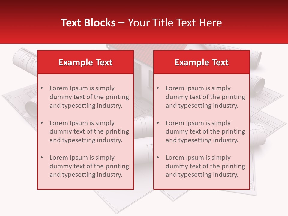 A House On Top Of Blueprints With A Red Banner PowerPoint Template