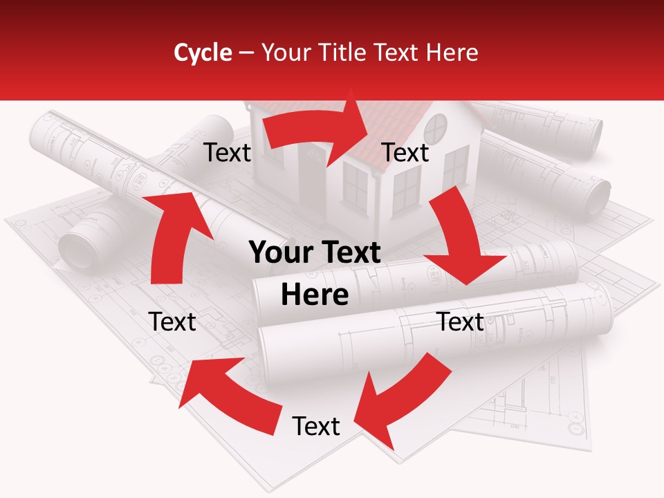 A House On Top Of Blueprints With A Red Banner PowerPoint Template