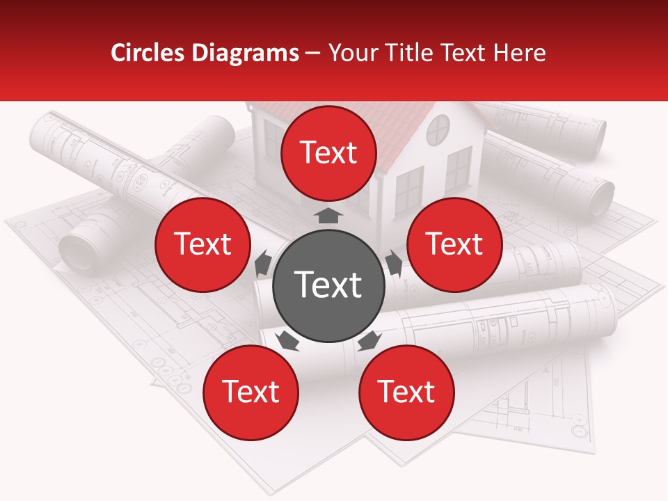 A House On Top Of Blueprints With A Red Banner PowerPoint Template