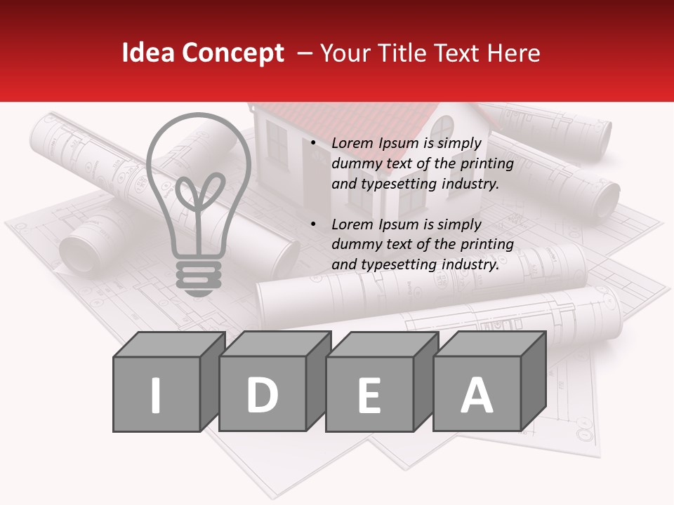 A House On Top Of Blueprints With A Red Banner PowerPoint Template