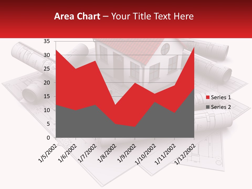 A House On Top Of Blueprints With A Red Banner PowerPoint Template