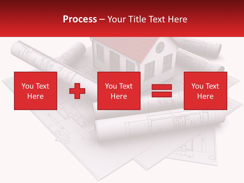 A House On Top Of Blueprints With A Red Banner PowerPoint Template