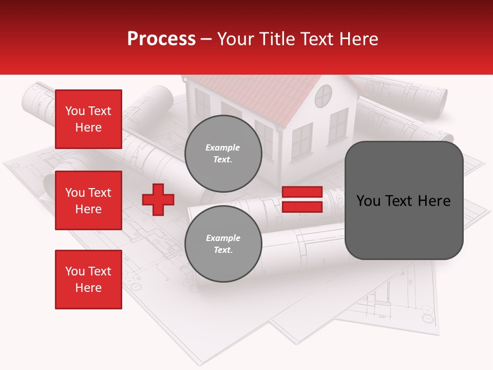 A House On Top Of Blueprints With A Red Banner PowerPoint Template