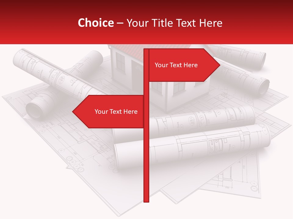 A House On Top Of Blueprints With A Red Banner PowerPoint Template