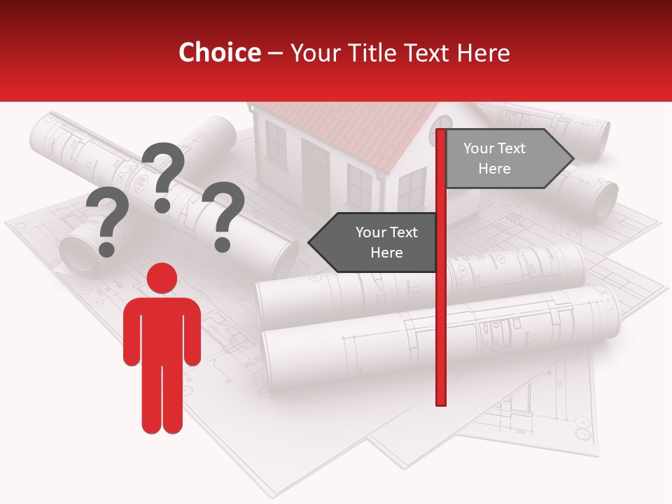 A House On Top Of Blueprints With A Red Banner PowerPoint Template