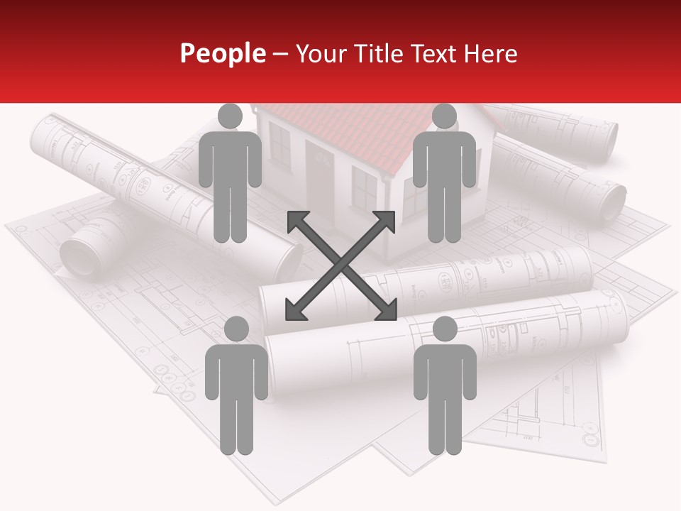 A House On Top Of Blueprints With A Red Banner PowerPoint Template