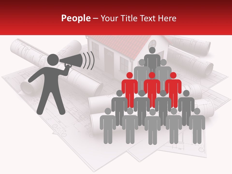 A House On Top Of Blueprints With A Red Banner PowerPoint Template