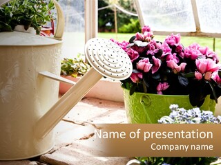 A Watering Can Filled With Flowers On A Table PowerPoint Template