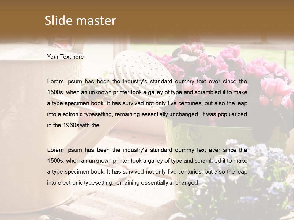 A Watering Can Filled With Flowers On A Table PowerPoint Template