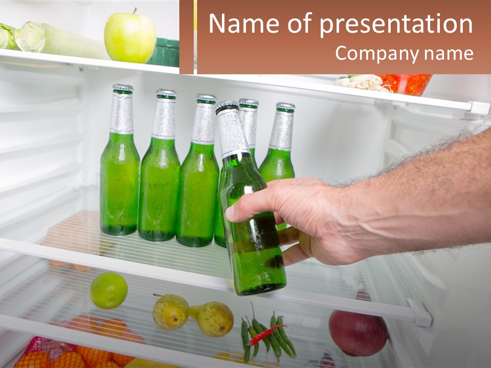 A Person Opening A Refrigerator With Green Drinks PowerPoint Template