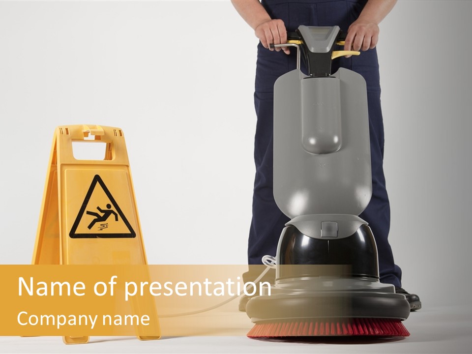 A Person Standing Next To A Broom And A Sign PowerPoint Template