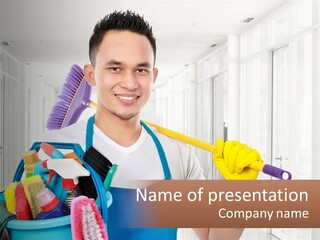 A Man Holding A Bucket Full Of Cleaning Supplies PowerPoint Template