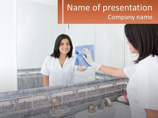 A Woman In White Scrubs Her Hands In Front Of A Mirror PowerPoint Template