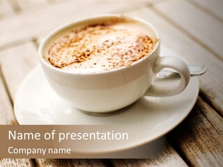 A Cup Of Coffee On A Saucer On A Wooden Table PowerPoint Template