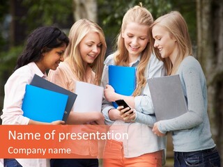 A Group Of Girls Holding Folders And Looking At A Cell Phone PowerPoint Template