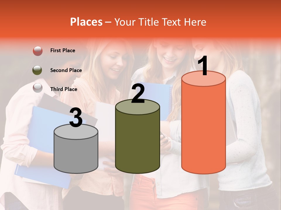 A Group Of Girls Holding Folders And Looking At A Cell Phone PowerPoint Template