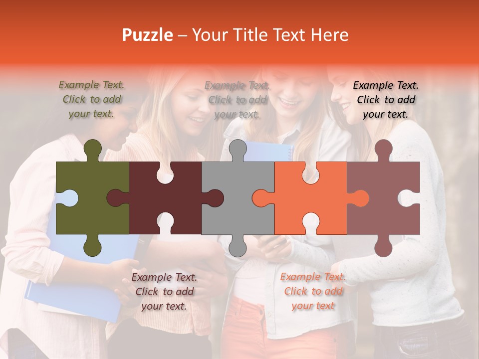 A Group Of Girls Holding Folders And Looking At A Cell Phone PowerPoint Template