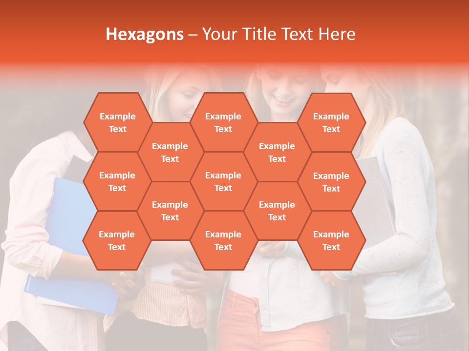 A Group Of Girls Holding Folders And Looking At A Cell Phone PowerPoint Template