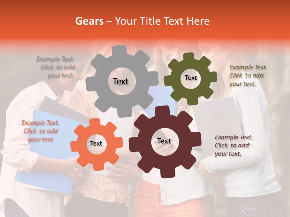 A Group Of Girls Holding Folders And Looking At A Cell Phone PowerPoint Template