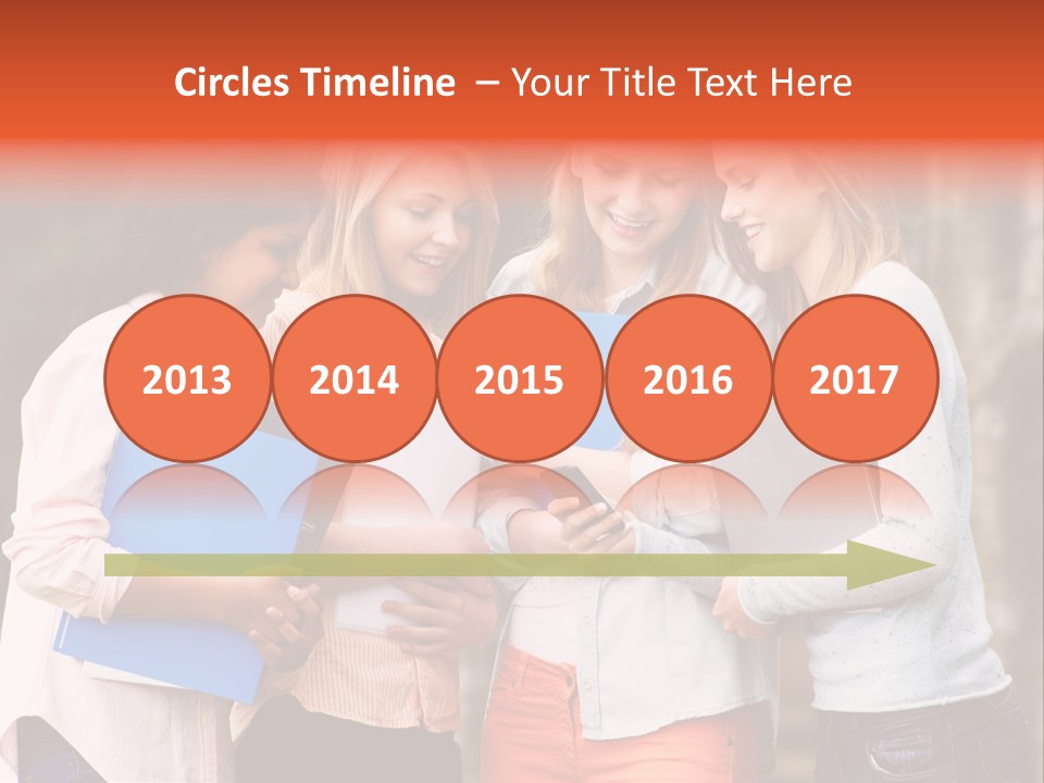 A Group Of Girls Holding Folders And Looking At A Cell Phone PowerPoint Template