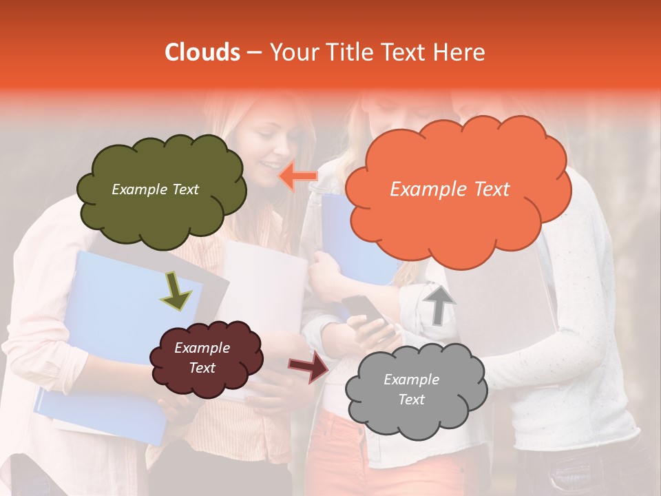 A Group Of Girls Holding Folders And Looking At A Cell Phone PowerPoint Template