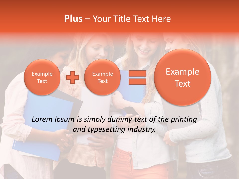 A Group Of Girls Holding Folders And Looking At A Cell Phone PowerPoint Template