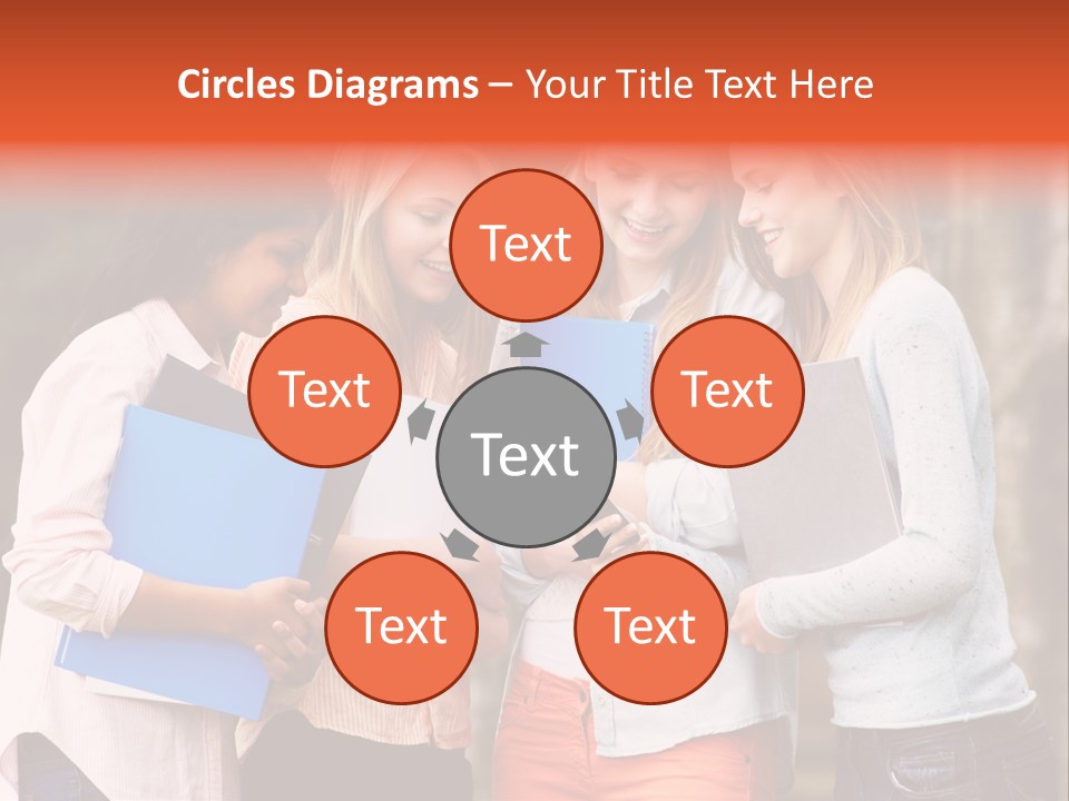 A Group Of Girls Holding Folders And Looking At A Cell Phone PowerPoint Template