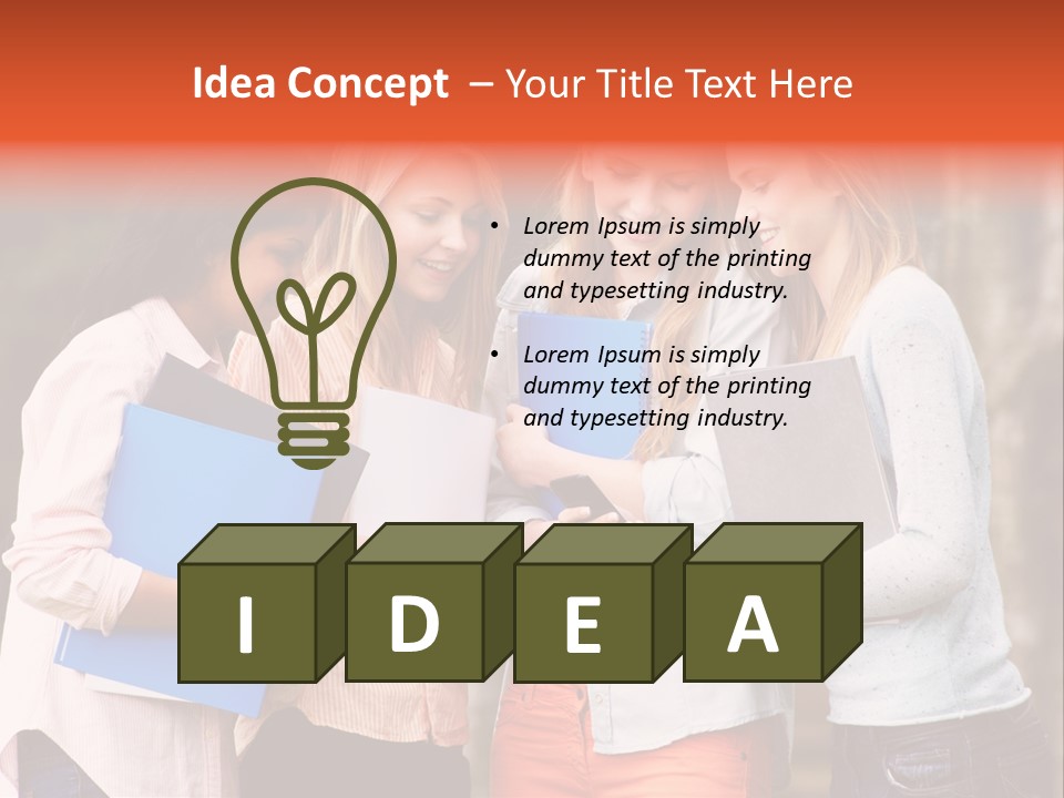 A Group Of Girls Holding Folders And Looking At A Cell Phone PowerPoint Template