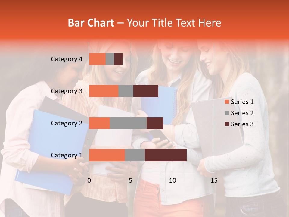 A Group Of Girls Holding Folders And Looking At A Cell Phone PowerPoint Template