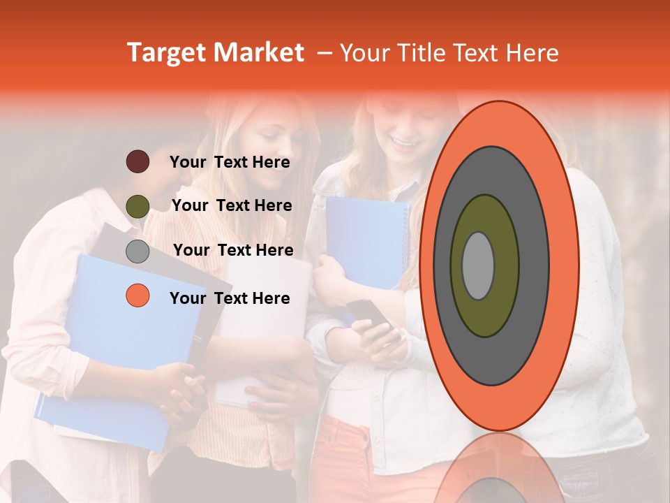 A Group Of Girls Holding Folders And Looking At A Cell Phone PowerPoint Template