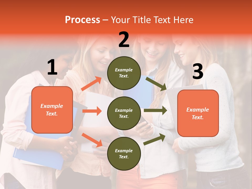 A Group Of Girls Holding Folders And Looking At A Cell Phone PowerPoint Template