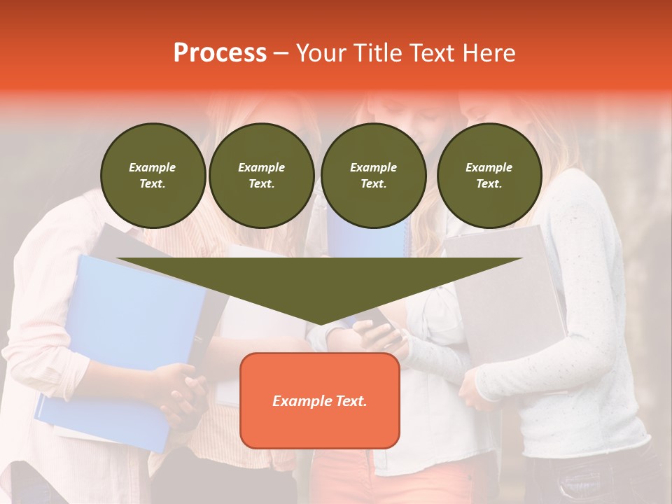 A Group Of Girls Holding Folders And Looking At A Cell Phone PowerPoint Template