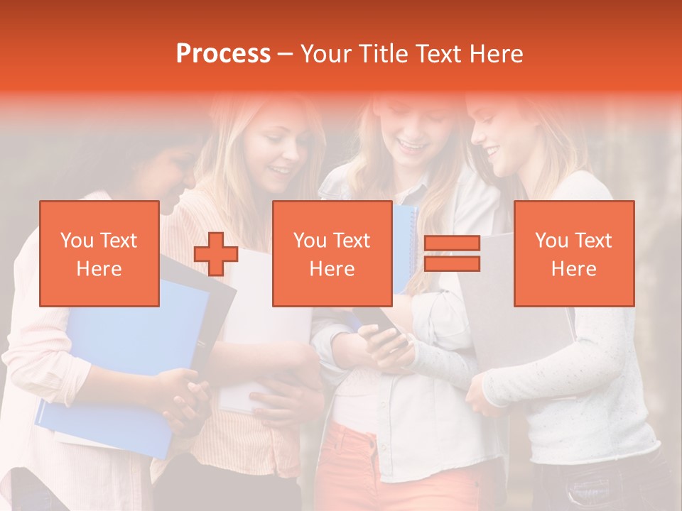A Group Of Girls Holding Folders And Looking At A Cell Phone PowerPoint Template