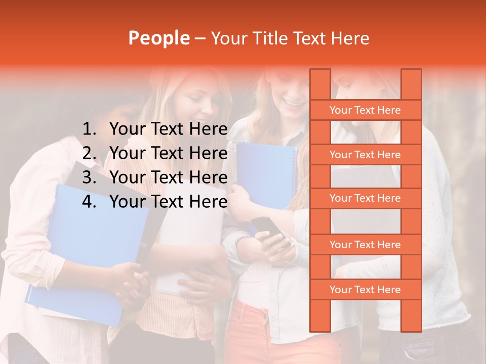 A Group Of Girls Holding Folders And Looking At A Cell Phone PowerPoint Template