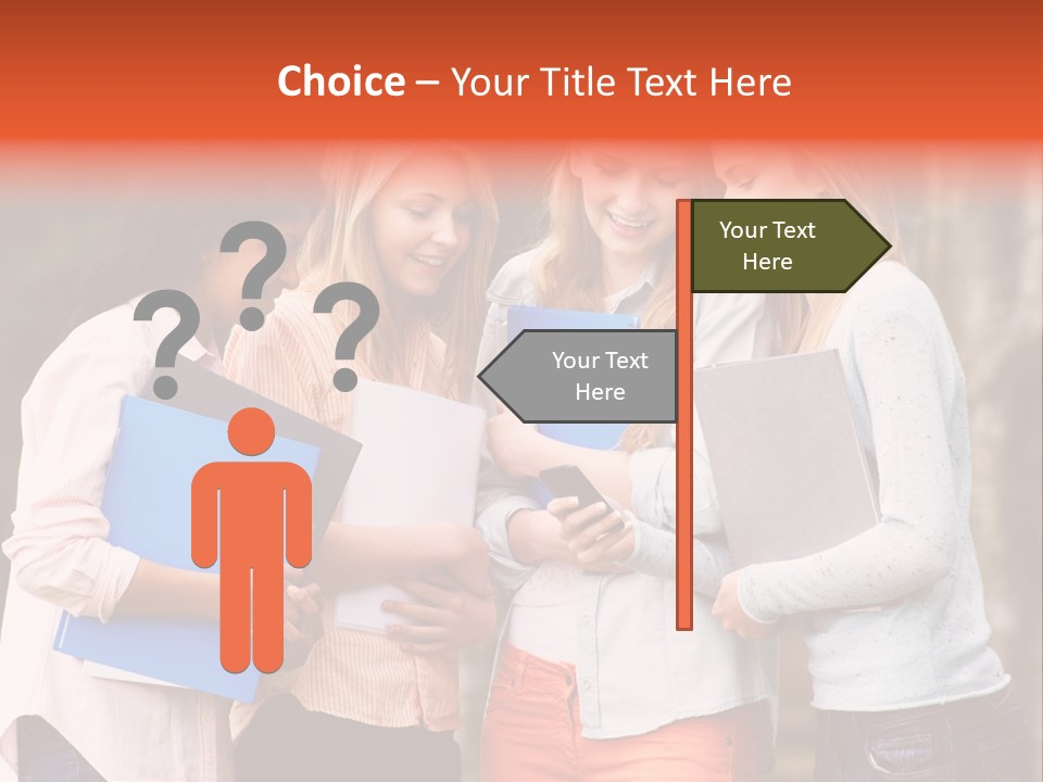 A Group Of Girls Holding Folders And Looking At A Cell Phone PowerPoint Template