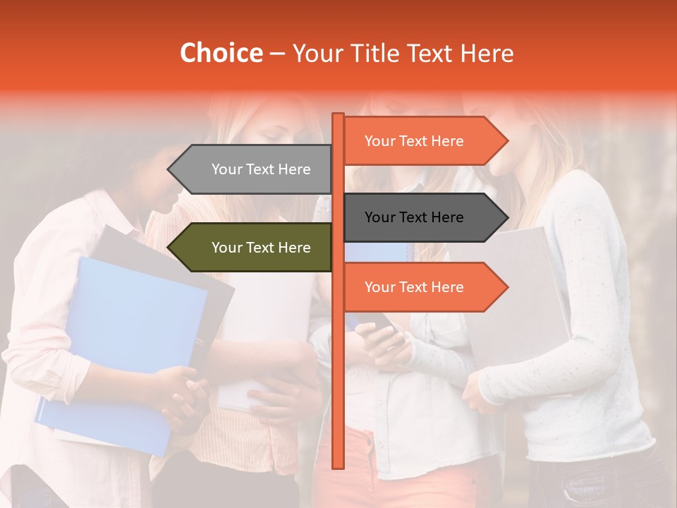 A Group Of Girls Holding Folders And Looking At A Cell Phone PowerPoint Template