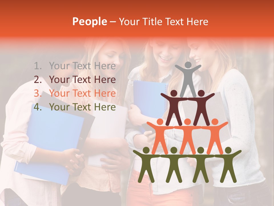 A Group Of Girls Holding Folders And Looking At A Cell Phone PowerPoint Template