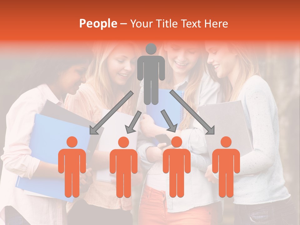 A Group Of Girls Holding Folders And Looking At A Cell Phone PowerPoint Template