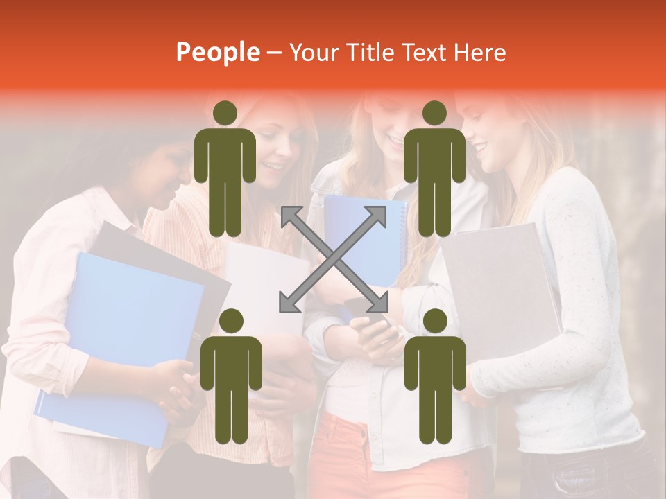 A Group Of Girls Holding Folders And Looking At A Cell Phone PowerPoint Template