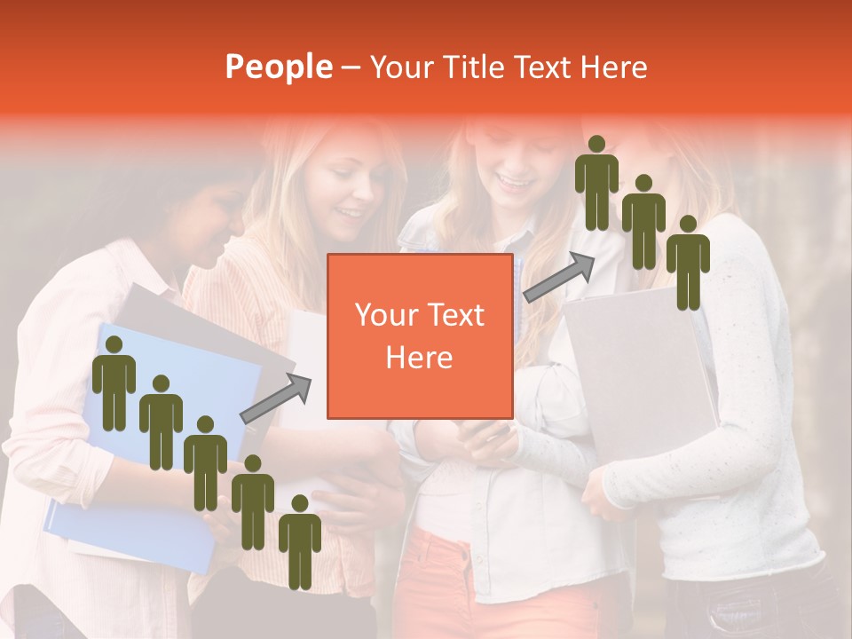 A Group Of Girls Holding Folders And Looking At A Cell Phone PowerPoint Template