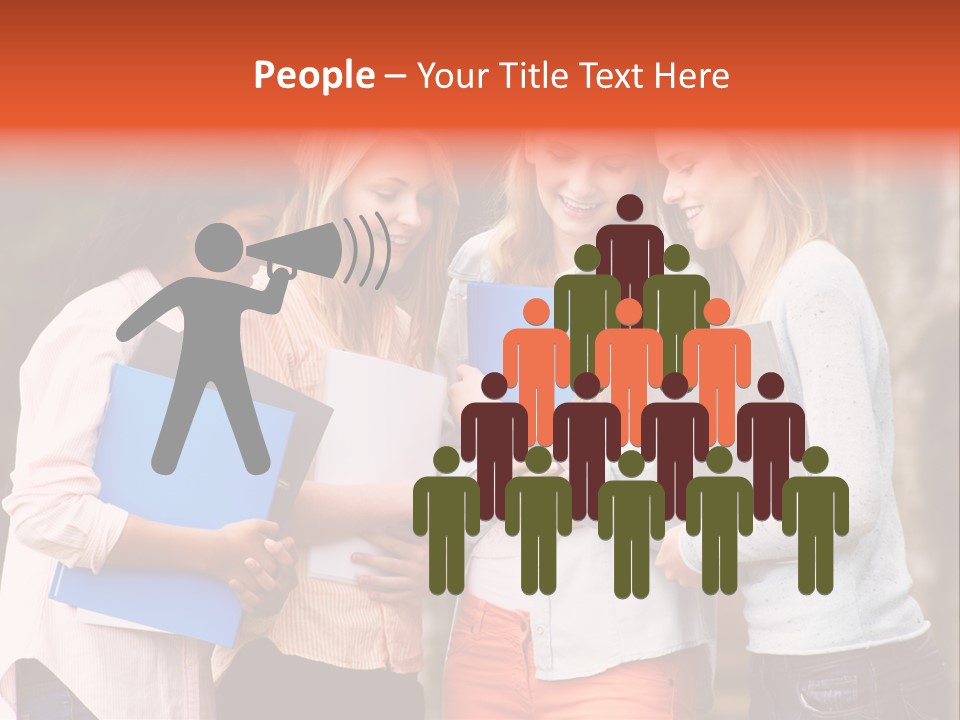 A Group Of Girls Holding Folders And Looking At A Cell Phone PowerPoint Template