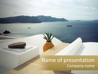 A Vase With A Pineapple Sits On A Table Overlooking The Ocean PowerPoint Template