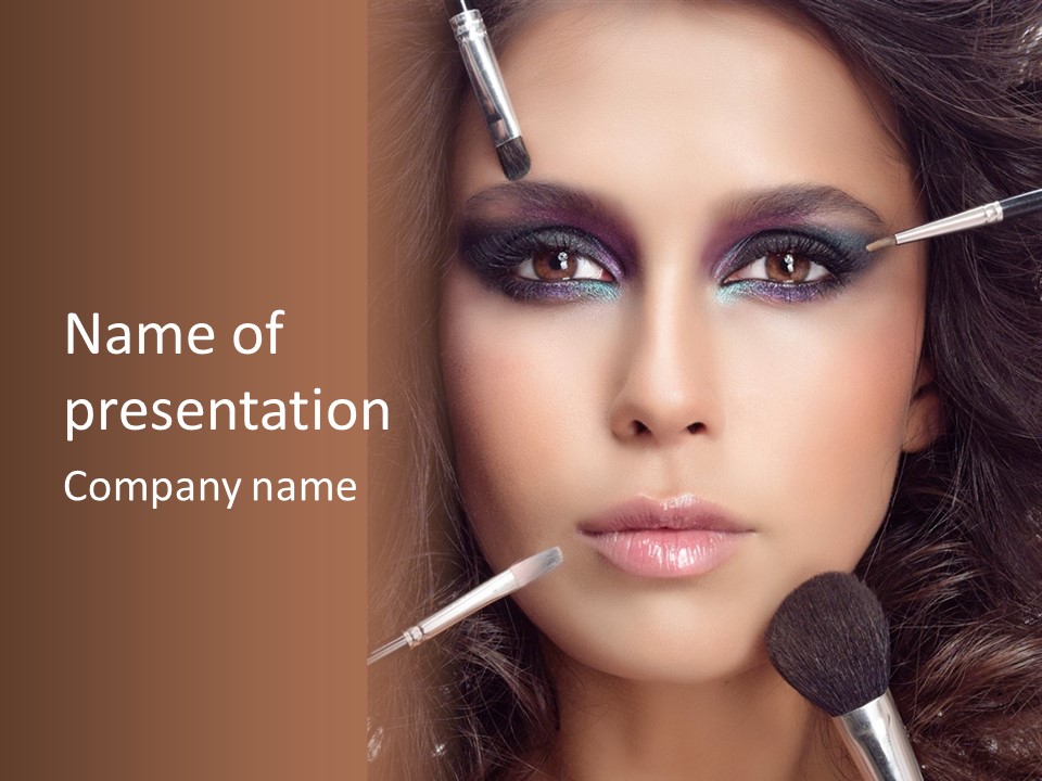 A Woman With Makeup Brushes On Her Face PowerPoint Template
